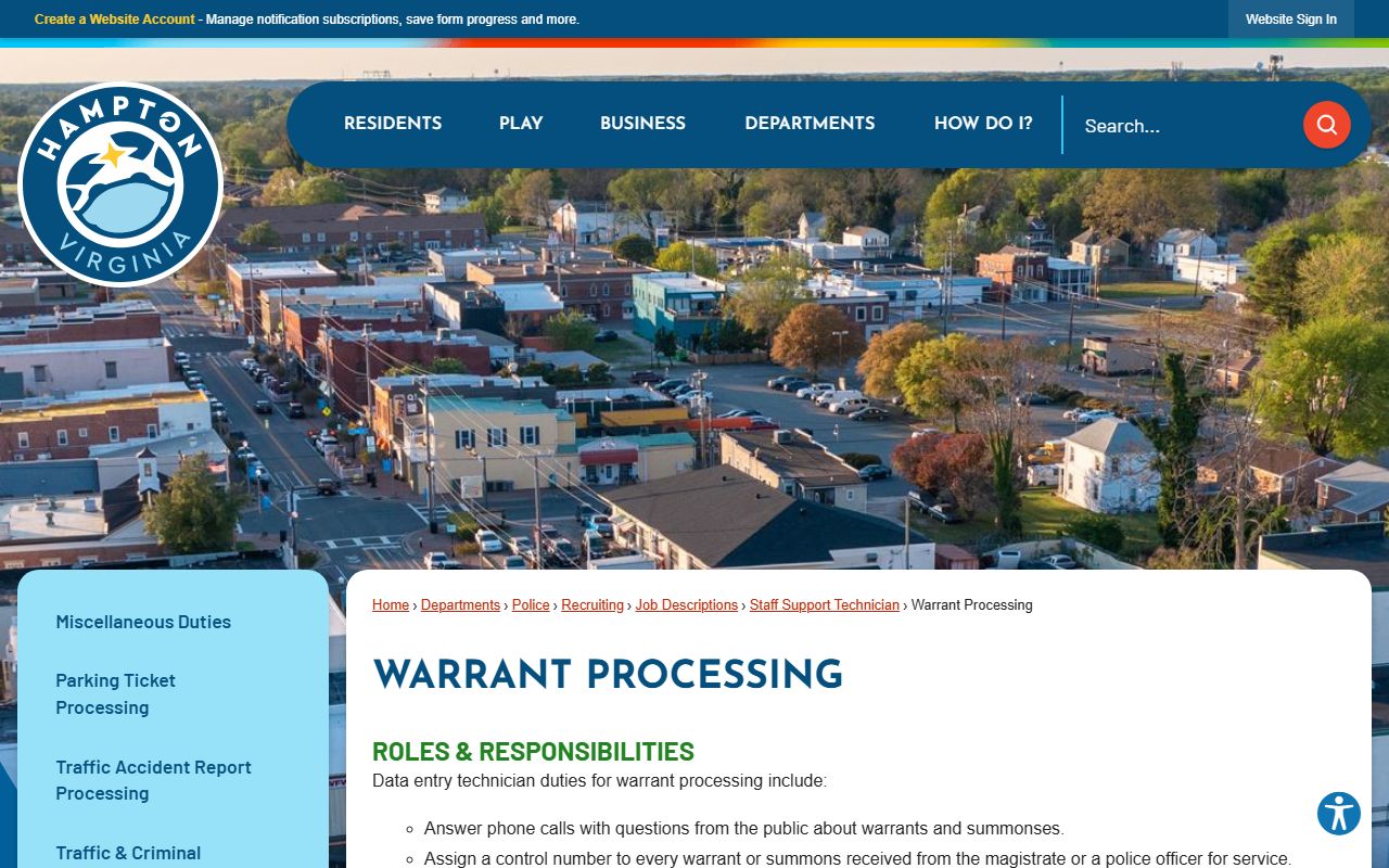 Hampton warrant processing page for Hampton warrant records