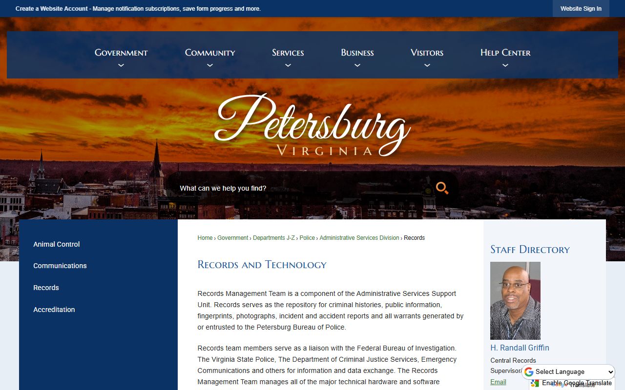 Petersburg Virginia warrant records police records management page