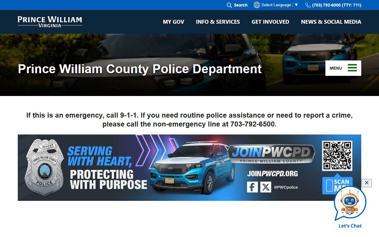 Prince William County Police Department warrant records page