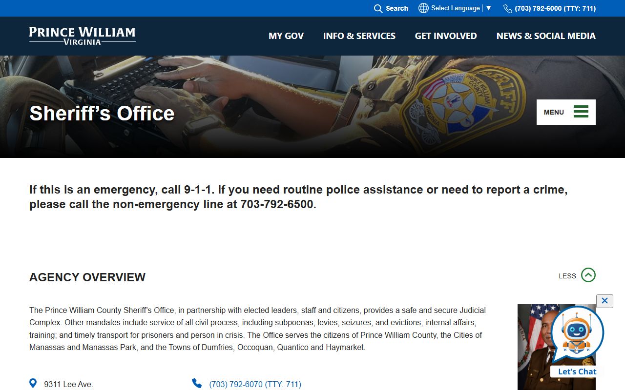Prince William County Sheriff Office warrant and civil process page