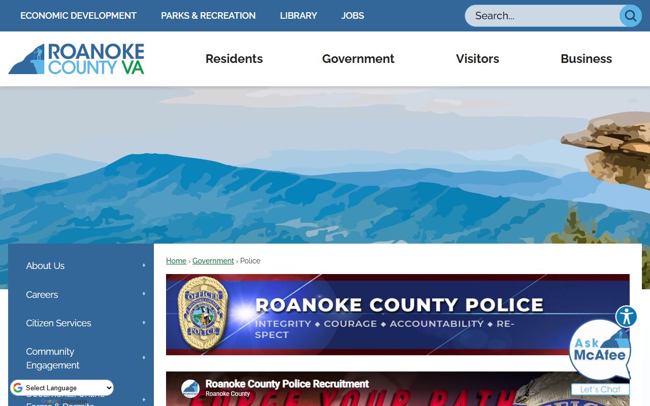 Roanoke County Police Department warrant records page