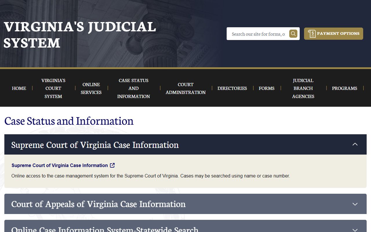 Virginia Judicial System case information portal for warrant records