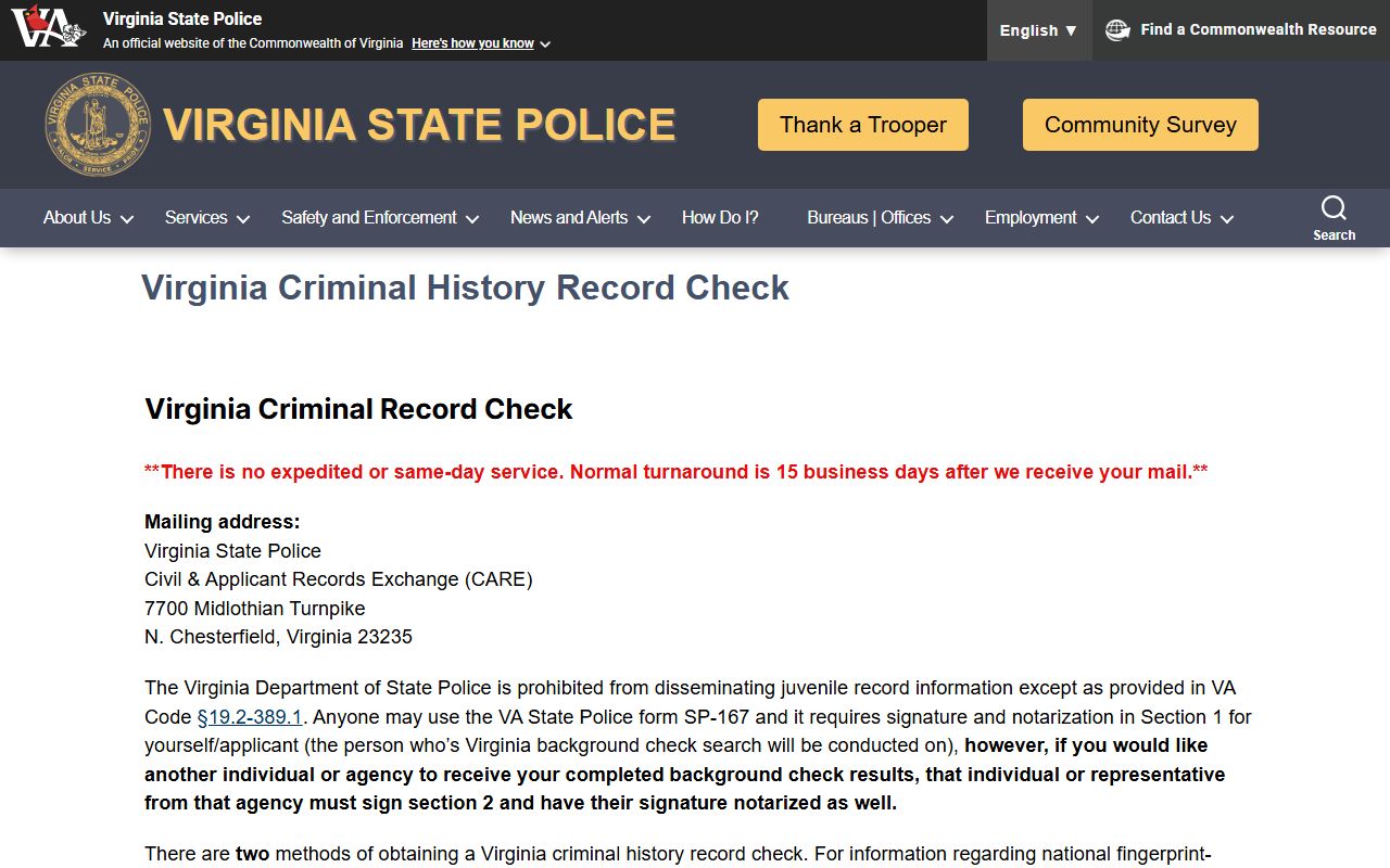 Virginia State Police criminal background check page for Virginia warrant records